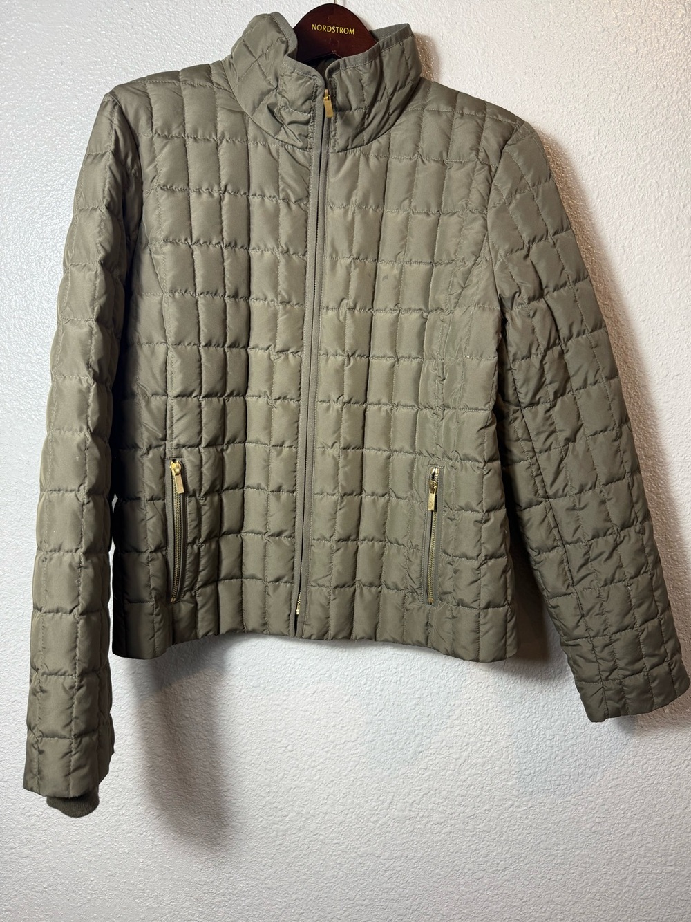 J.Crew Quilted Down Puffer Jacket Olive Green Stand Collar Zip Coat L Style 9732